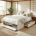 Farmhouse Wood Bed Frame, Japanese Low Platform Wooden Beds Frames with 4 Drawers & Concealed Hydraulic