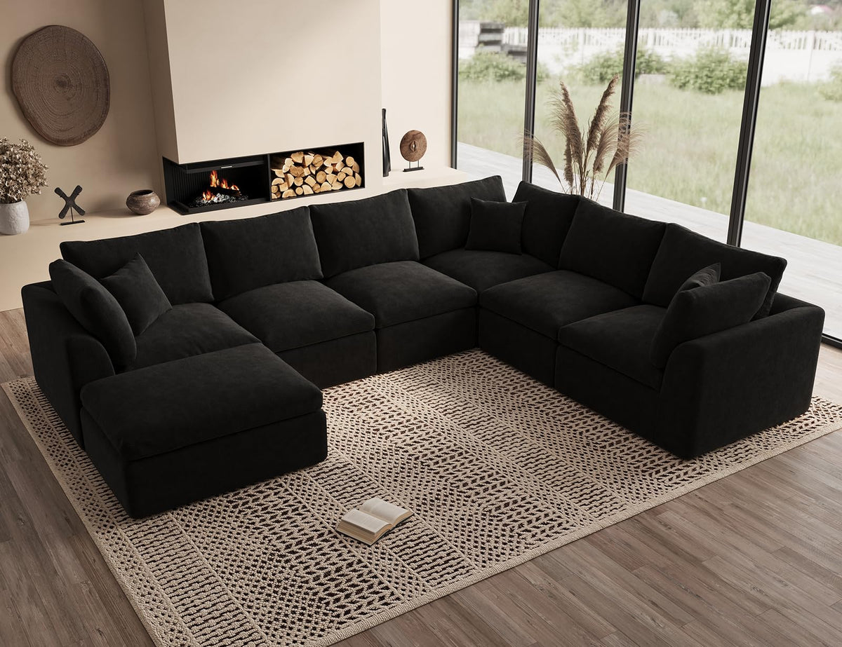 Oversized Sectional Couches, Cloud Boneless Couch, 7 Seater Large Modular Sectional Sofa, Black