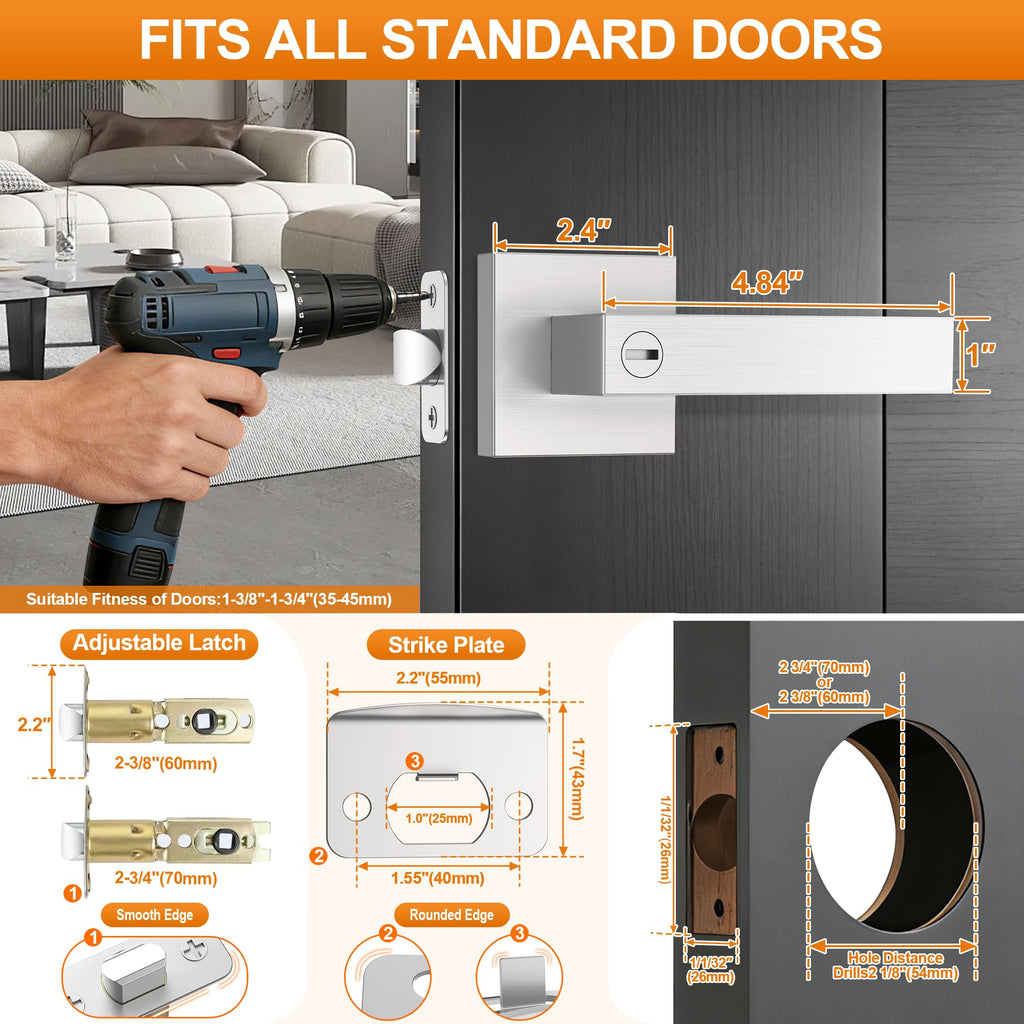 10 Pack Brushed Nickel Door Handle, Door Knobs Interior Heavy Duty, Flat Square Privacy Door Levers, Keyless Door