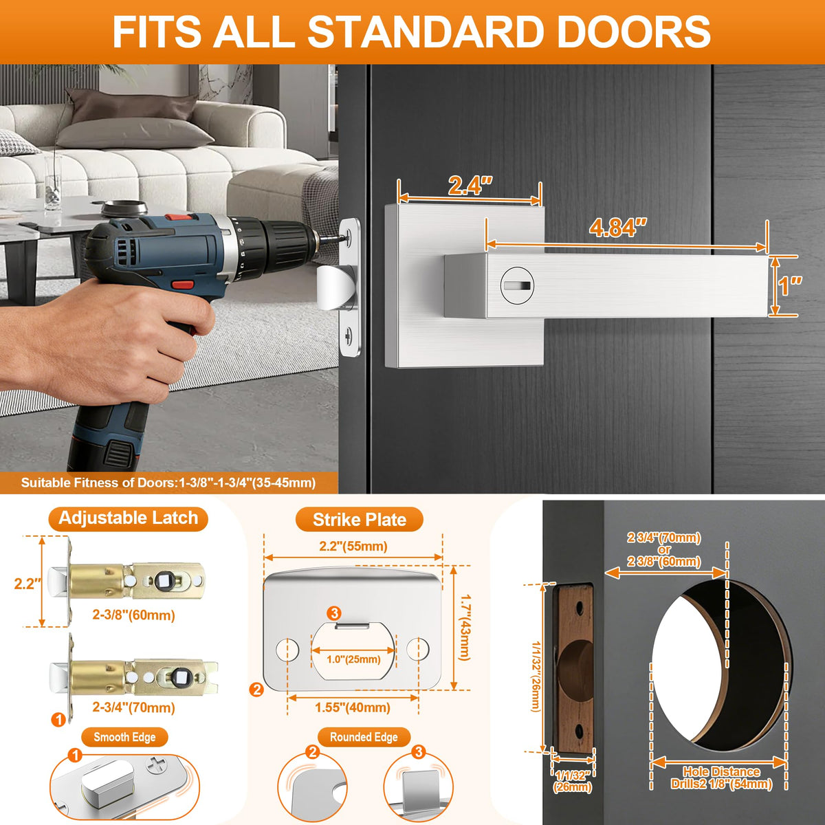 10 Pack Brushed Nickel Door Handle, Door Knobs Interior Heavy Duty, Flat Square Privacy Door Levers, Keyless Door