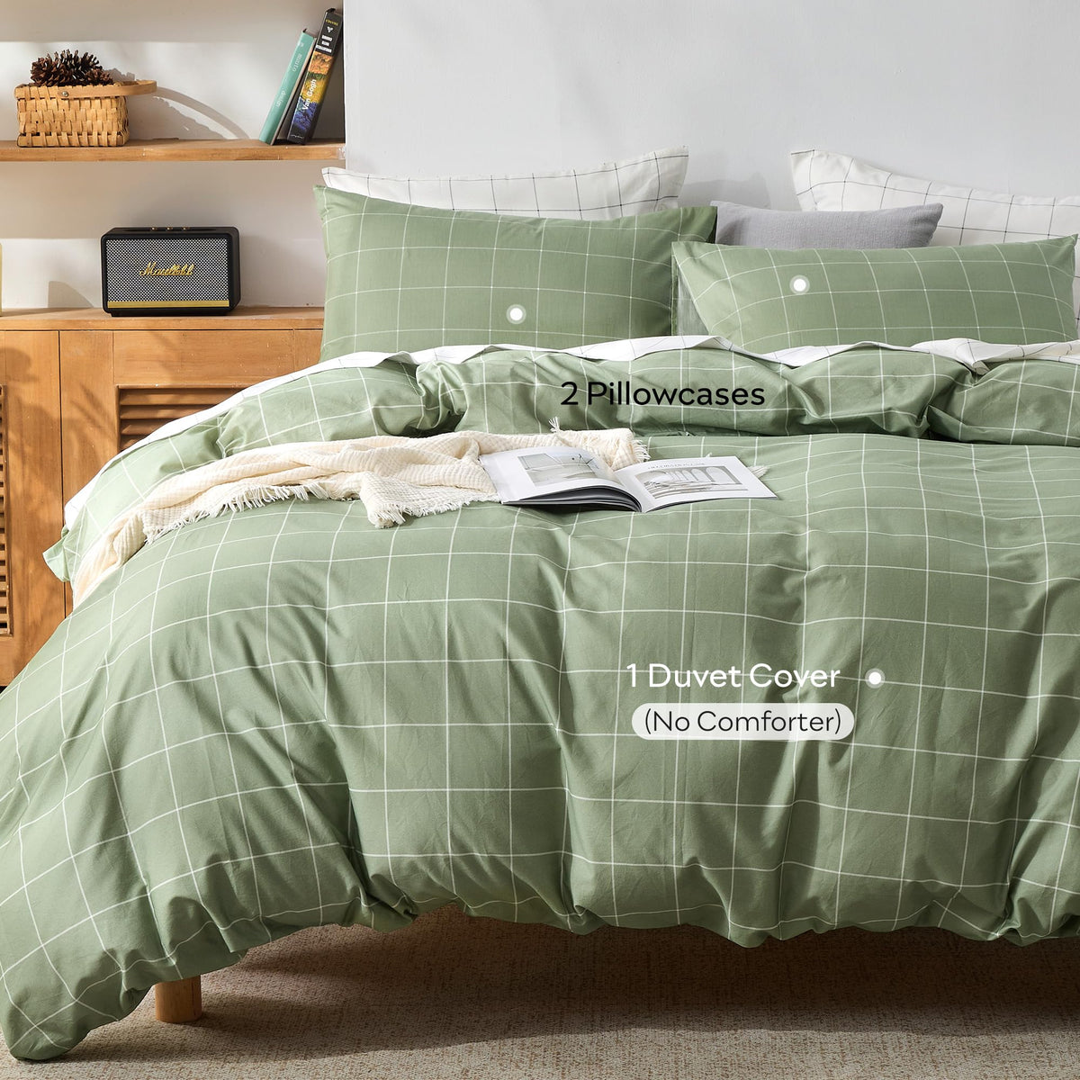 100% Cotton Plaid Duvet Cover Set, Green