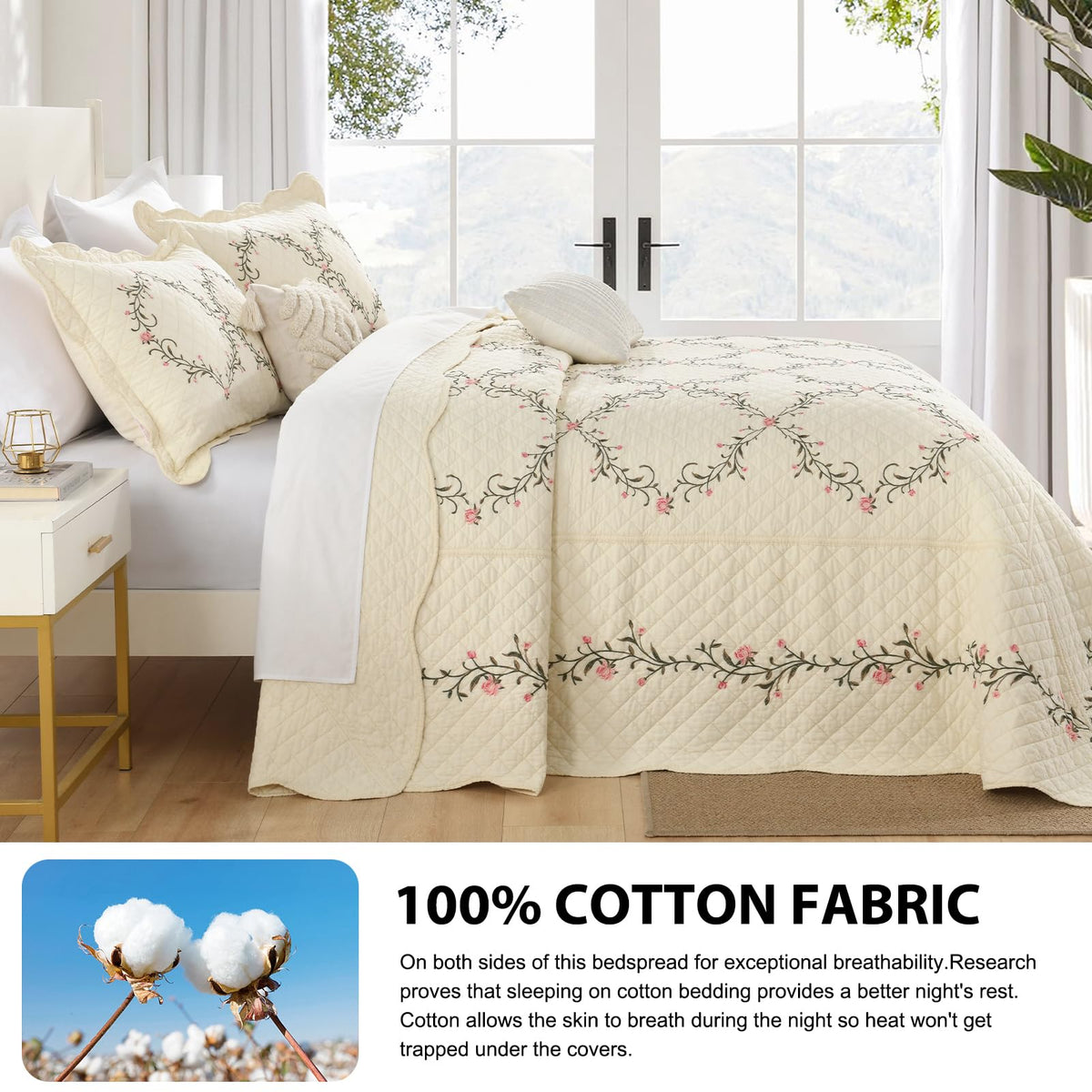 Embroidered Oversized Bedspread 100% Cotton Reversible Quilt