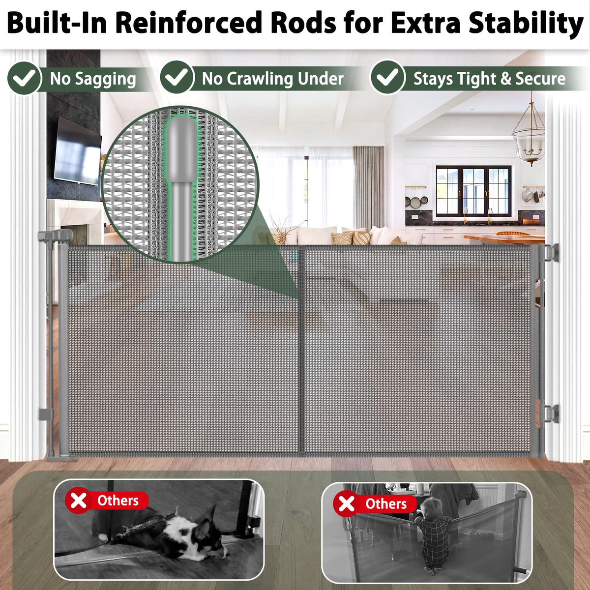 Reinforced 72" Long Retractable Baby Gate, Prevents Crawling Under