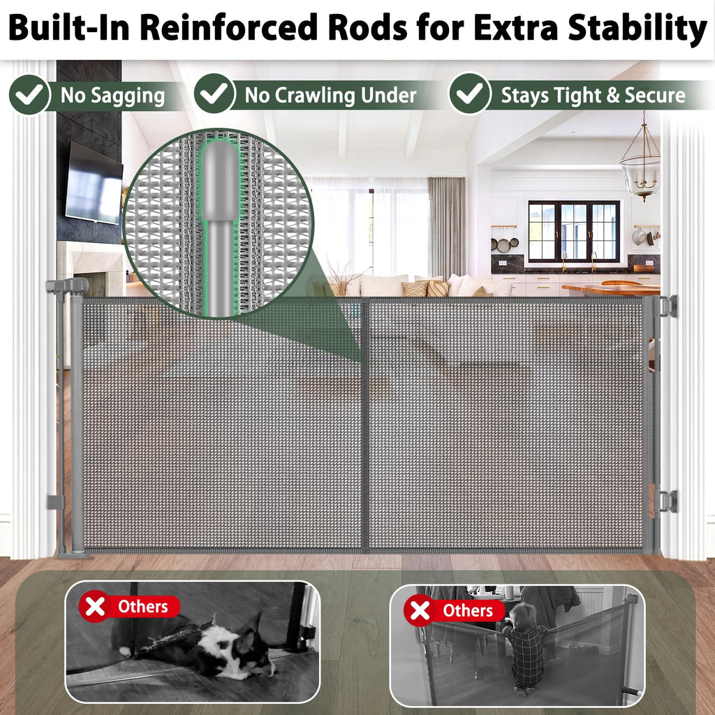 Reinforced 72" Long Retractable Baby Gate, Prevents Crawling Under