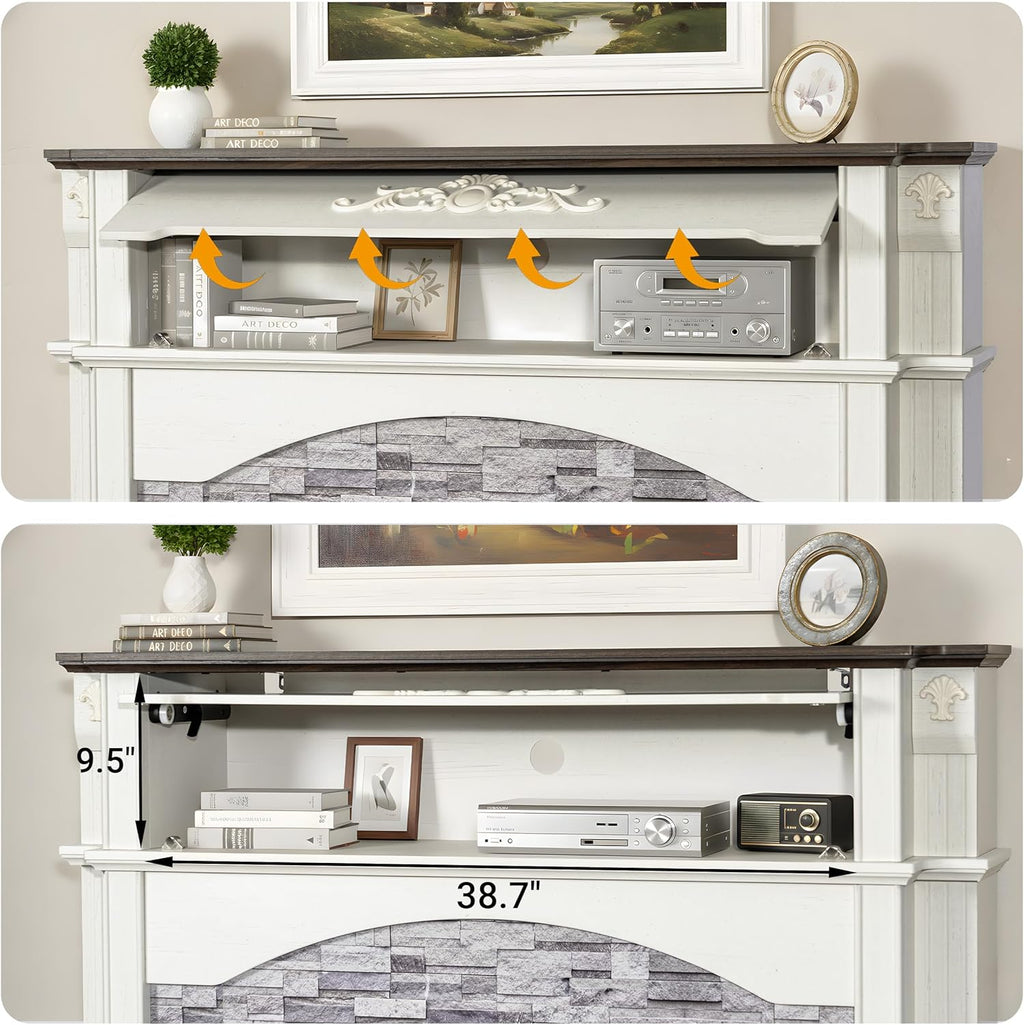 51" Electric Fireplace with Mantel, 45" Tall Carved Farmhouse Entertainment Center TV Stand with Storage Cubby and 30'' Freestanding Electric Fireplace for Living Room, White