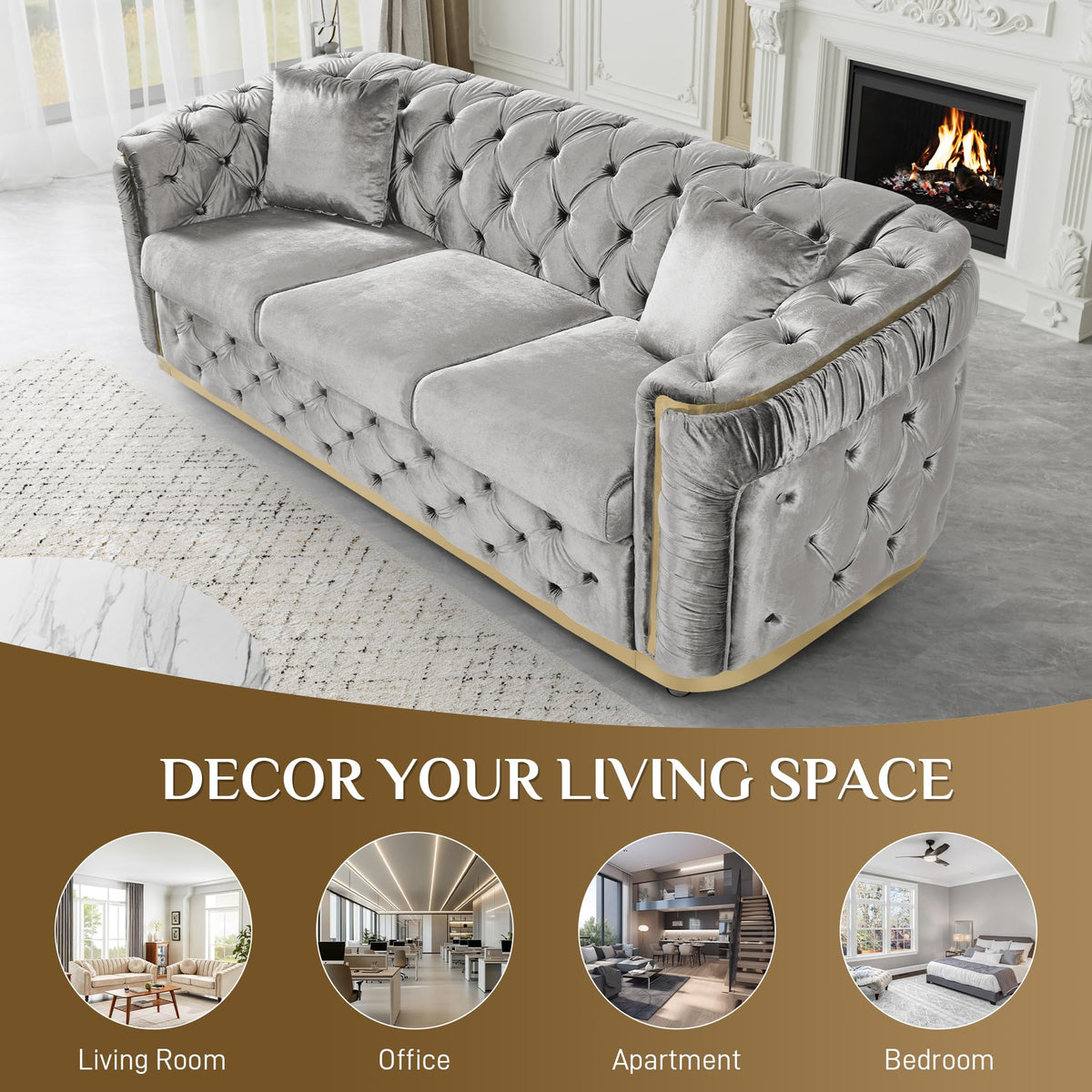 2-Piece 84.6" Sofa Set Chesterfield Tufted with Gold Legs, Grey