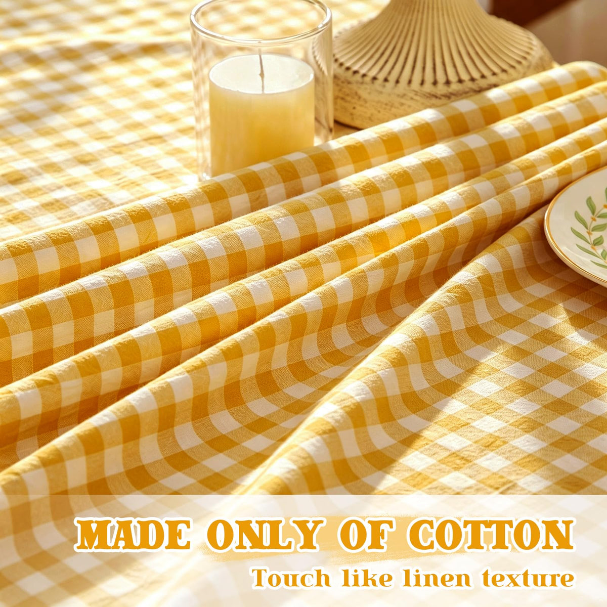 Yellow Round Gingham Tablecloth 70 Inch, Cotton Plaid Tablecloth