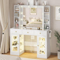 White Vanity Desk with Mirror and Lights, Glass Top Vanity with Lighted Mirror & RGB Glass Cabinet and 3 Drawers
