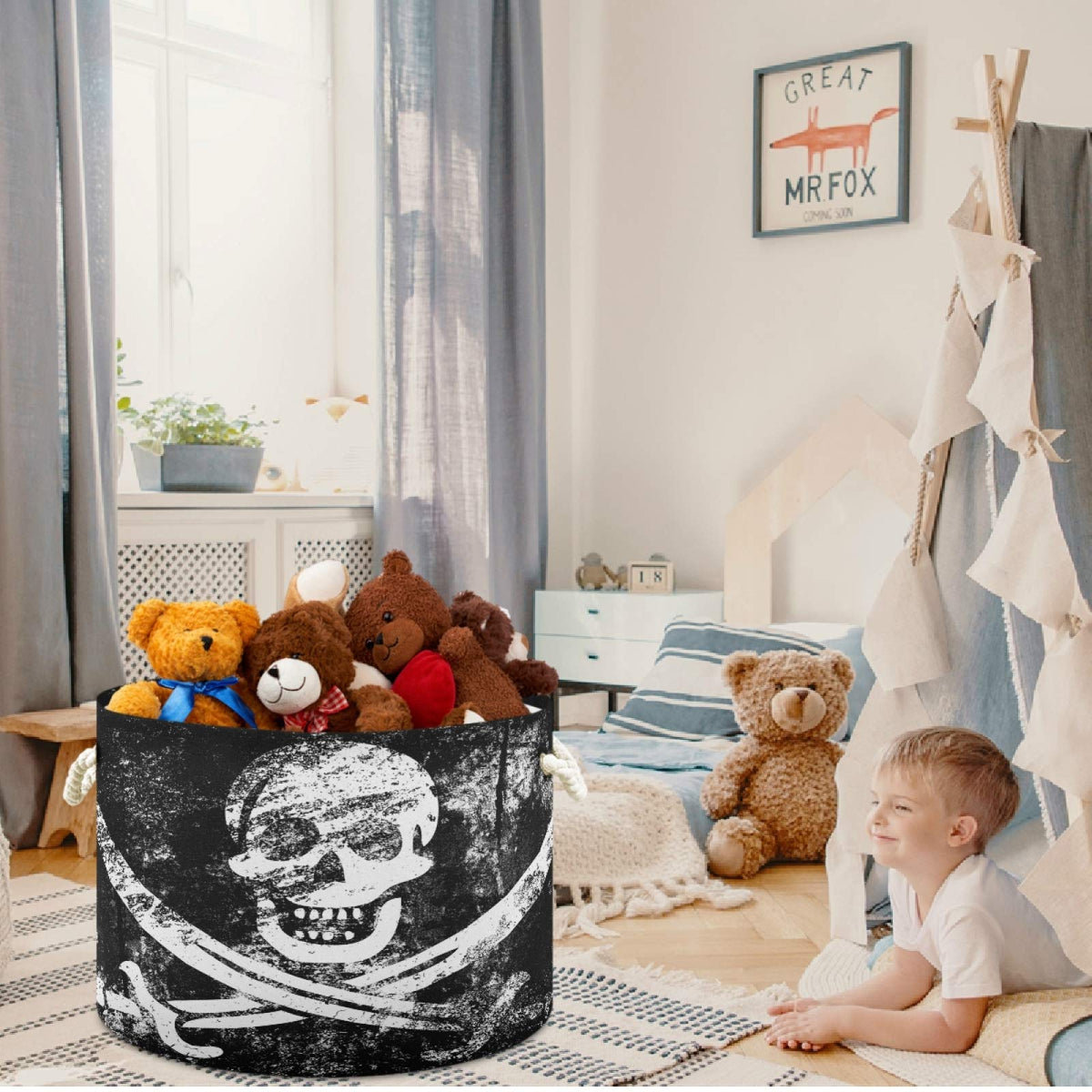 Collapsible Large Capacity Basket Vintage Skull Pirate Flag Clothes Toy Storage Hamper with Durable Cotton Handles