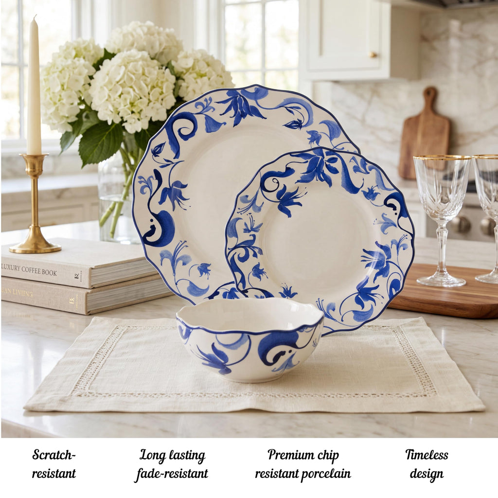 12-Piece Porcelain Dinnerware Set for 4, Blue & White Plates and Bowls Set, Glossy Ceramic Dish Set with Beautiful