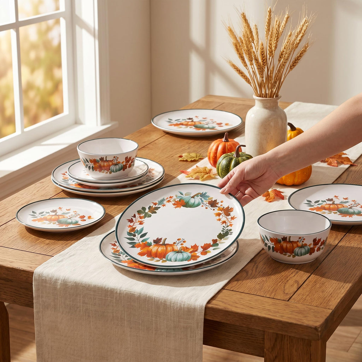 12-Piece Melamine Dinnerware Set for 4, Fall Pumpkin Plates and Bowls