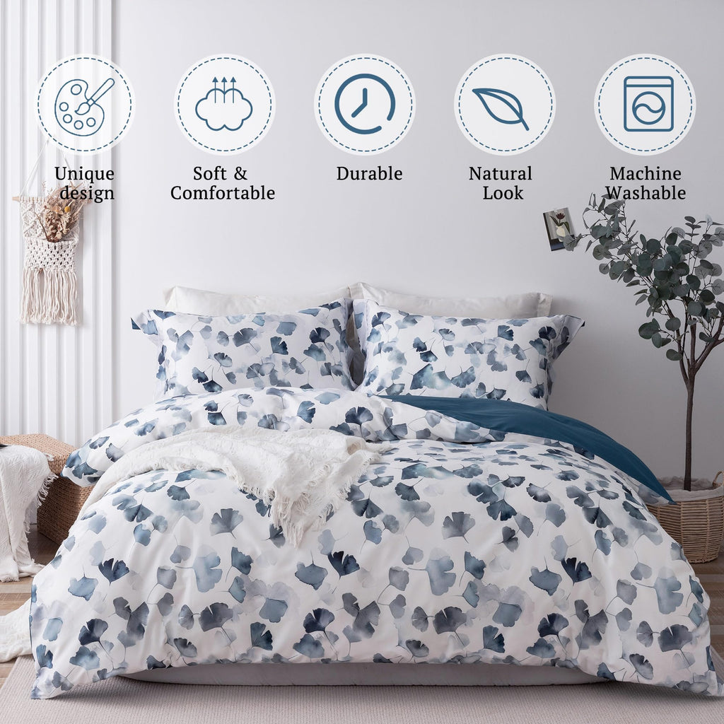 100% Long-Staple Cotton Duvet Cover Set Light Navy Ginkgo Leaf Pattern Printed Comforter Cover 3pcs, Ultra Soft &
