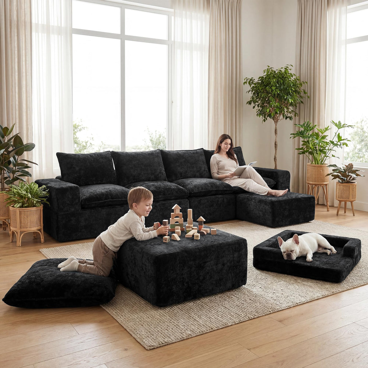 130" U Shaped Modular Sectional Sofa, 6 Seat Cloud Couch, Black