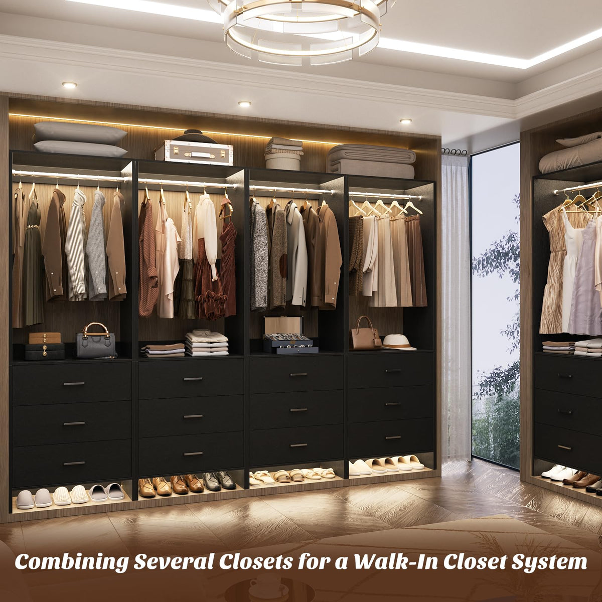 1.8FT Closet System with 3 Drawers, 21.5'' Closet Organizer, Black
