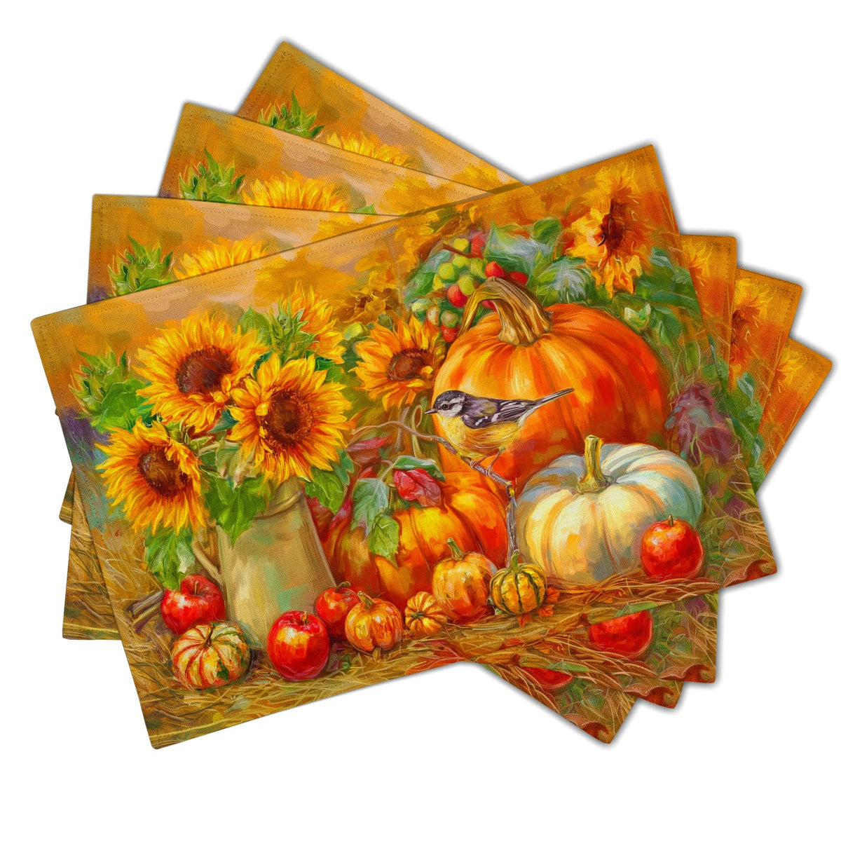 Vintage Fall Placemats, Rustic Autumn Pumpkin Sunflower Bird Table Mat, Thanksgiving Harvest Heat Stain Resistant