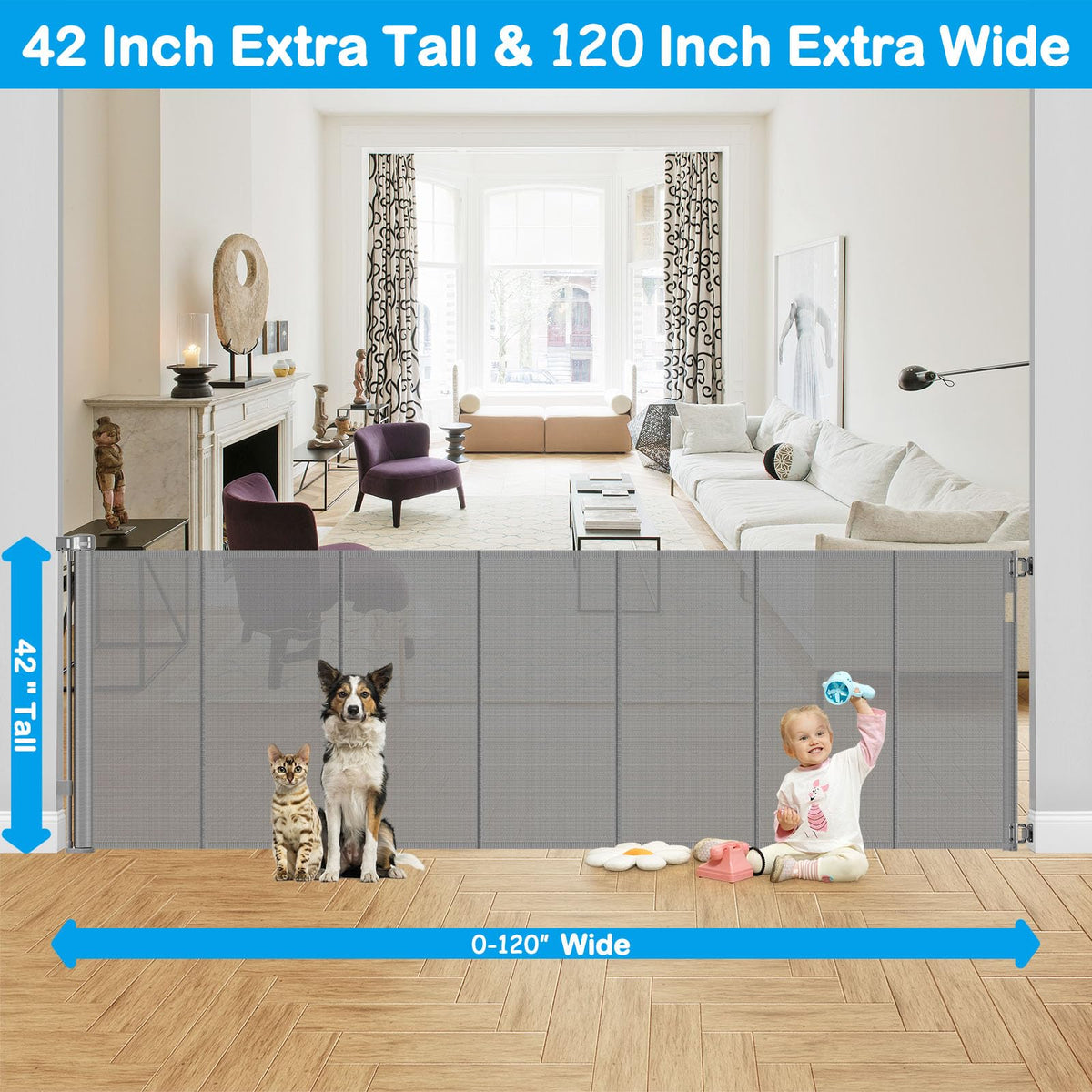 Reinforced 42" Extra Tall X 120" Extra Wide Retractable Dog Gate for Doorways Wide Pet Gate Indoor Prevent Kid/Pet