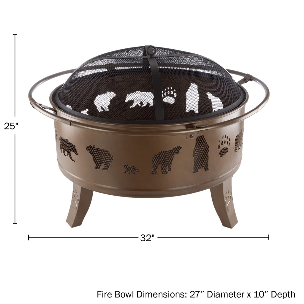32" Outdoor Deep Fire Pit-Round Large Steel Bowl with Bear Cutouts, Mesh Spark Screen, Log Poker & Storage