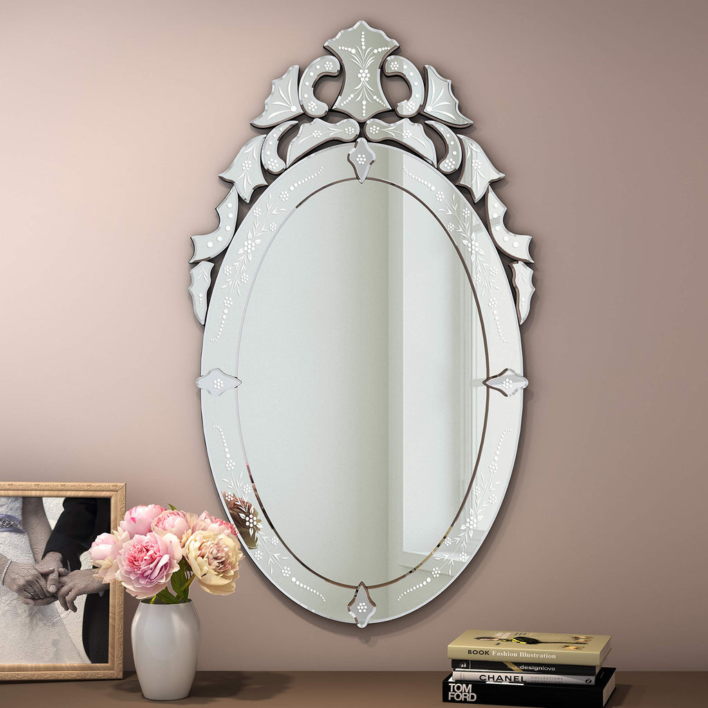 42x24 Oval Bathroom Mirror, Venetian Floral Etched Decorative Wall Mirror