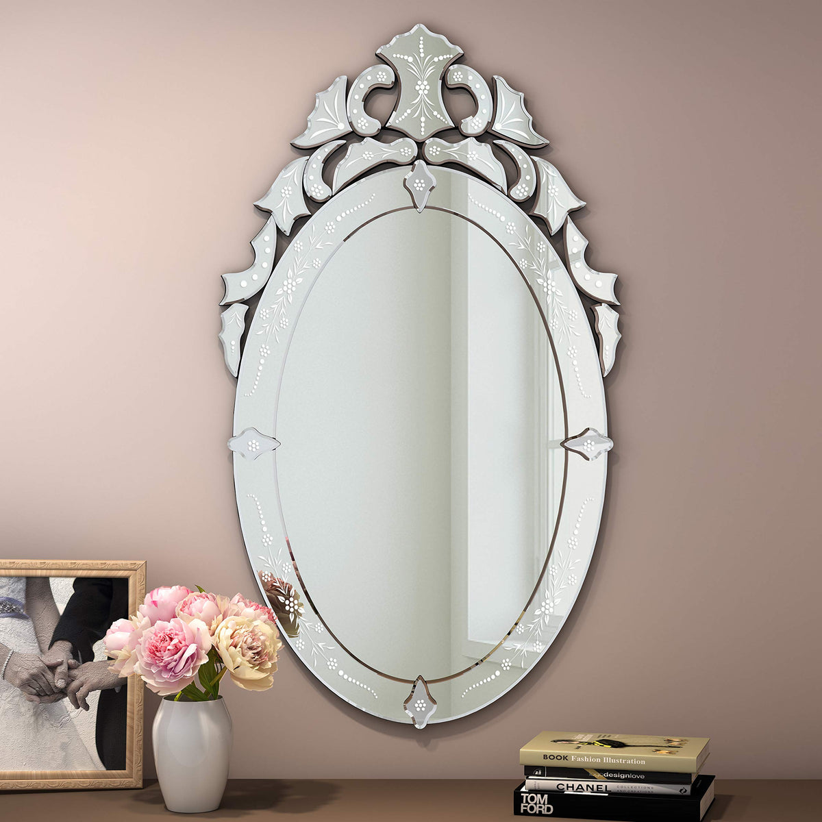 42x24 Oval Bathroom Mirror, Venetian Floral Etched Decorative Wall Mirror