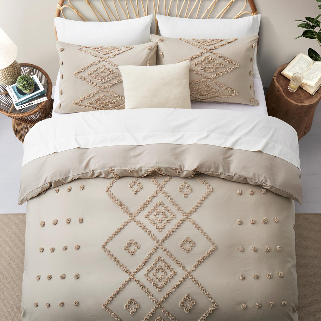 Tufted Boho Queen Duvet Cover Set, Khaki, 3 Pieces