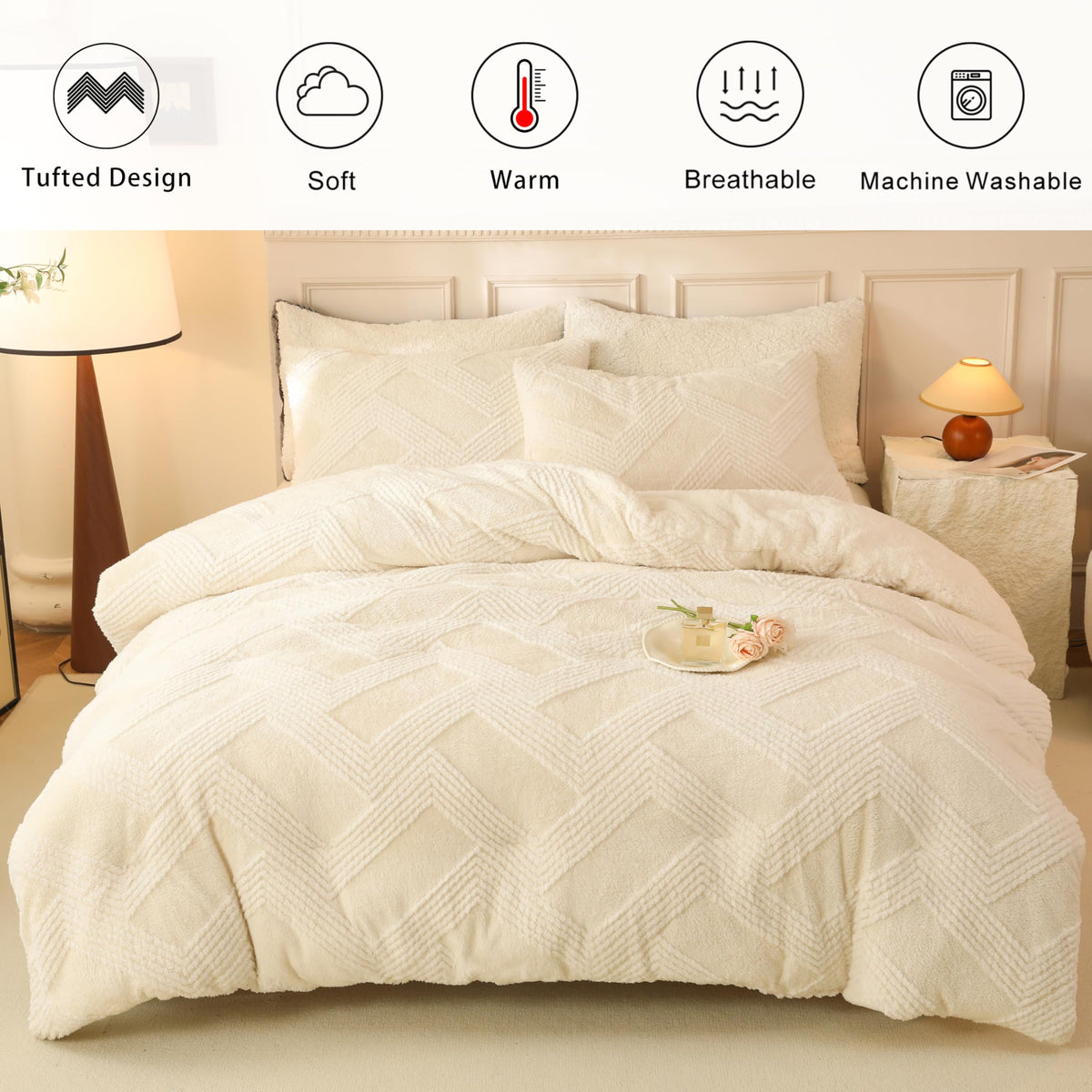Tufted Boho Comforter Set - White Fluffy Sherpa Bedding Set, Soft Fuzzy Jacquard Quilt Set, 3 Pieces Cozy Bed
