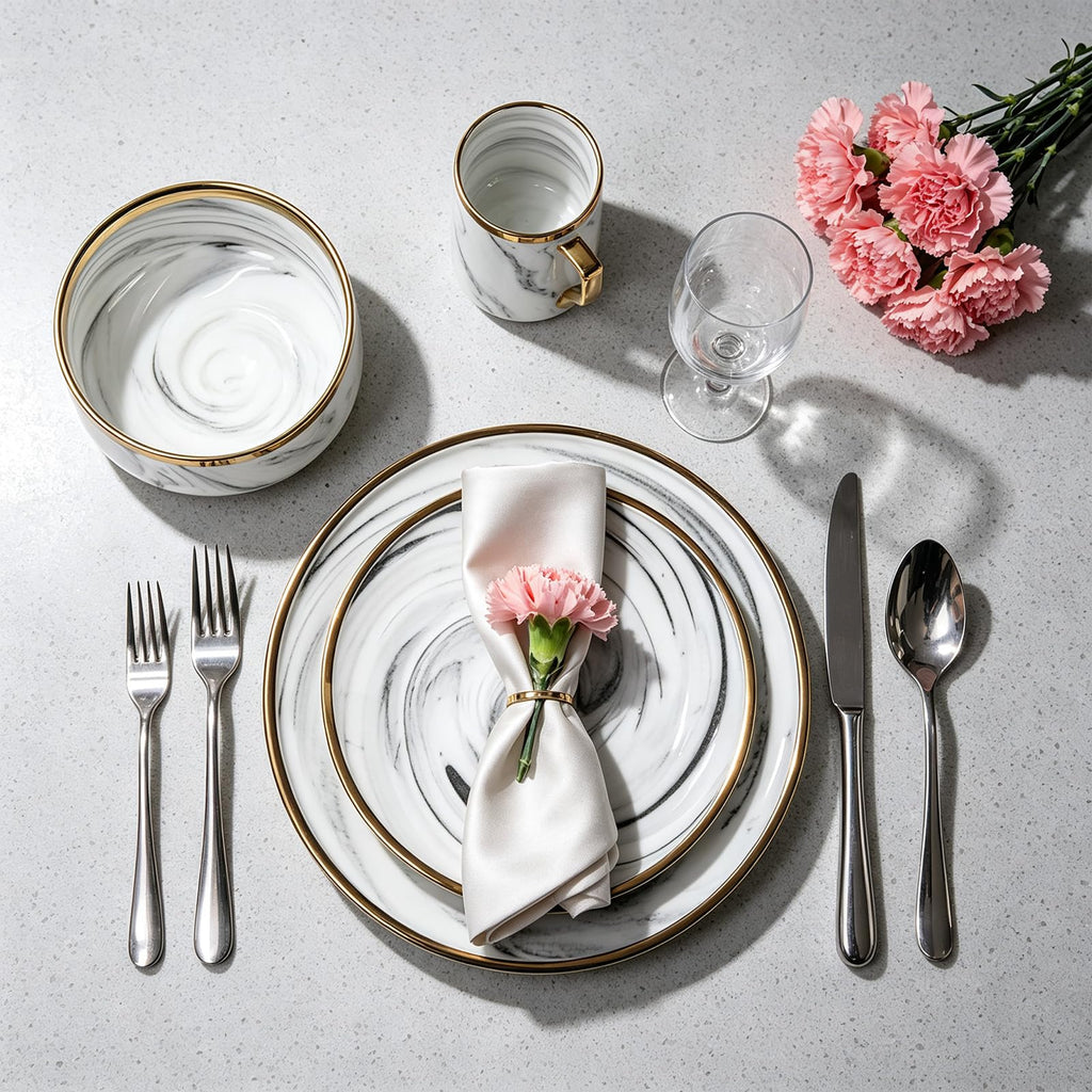 16 Piece Plates and Bowls Sets, Fine China Artisan Marbled Dinner Set for 4, Dishwahser Safe, Scratch Resistant, Grey