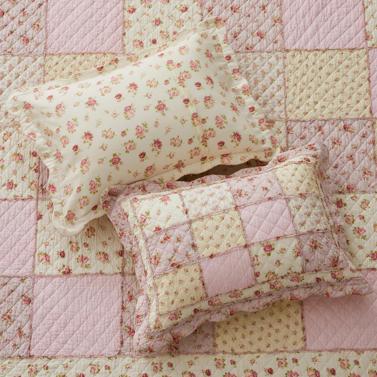 100% Cotton Patchwork Quilt Set Queen, Real Sewn, 3-Piece Pink Floral Quilt Bedding Set Reversible Lightweight