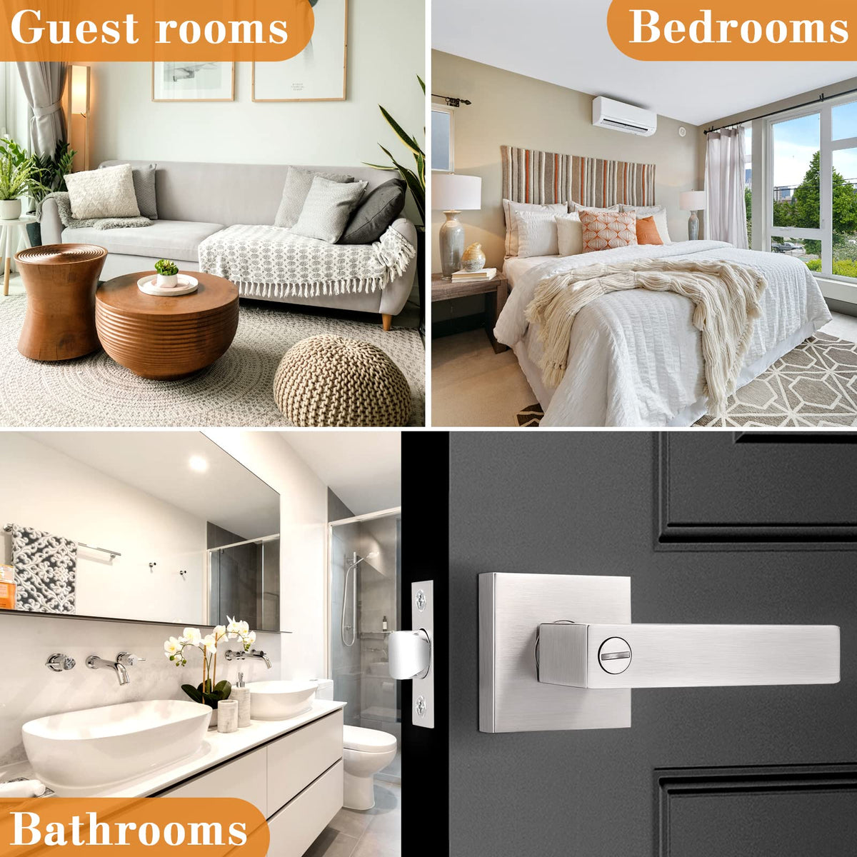 Brushed Nickel Interior Door Handles, ANSI/BHMA Grade 3 Intertek-Verified, 2 Pack Solid Zinc Alloy Square Privacy