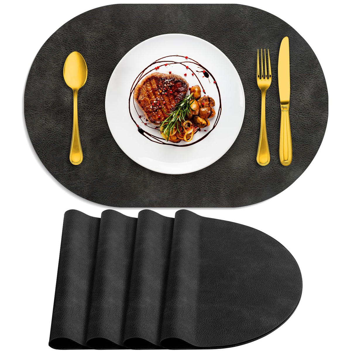 Oval Placemats Set of 4, Wipeable Faux Leather, Dark Grey