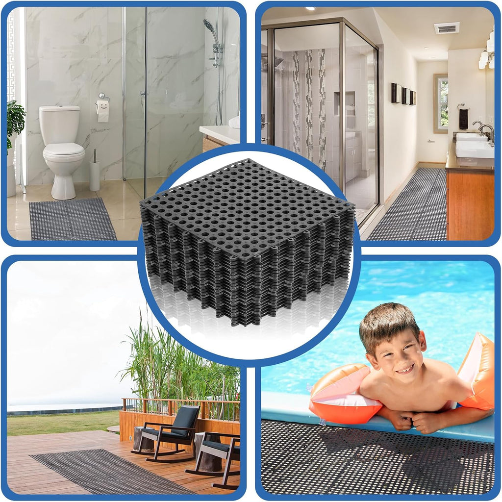 50 Pcs 11'8 x 11'8 Inches Interlocking Drainage Tiles Dry Deck with Drain Holes Non Slip Floor Mats TPE Soft for Bathroom Patio Pool Deck(Black)