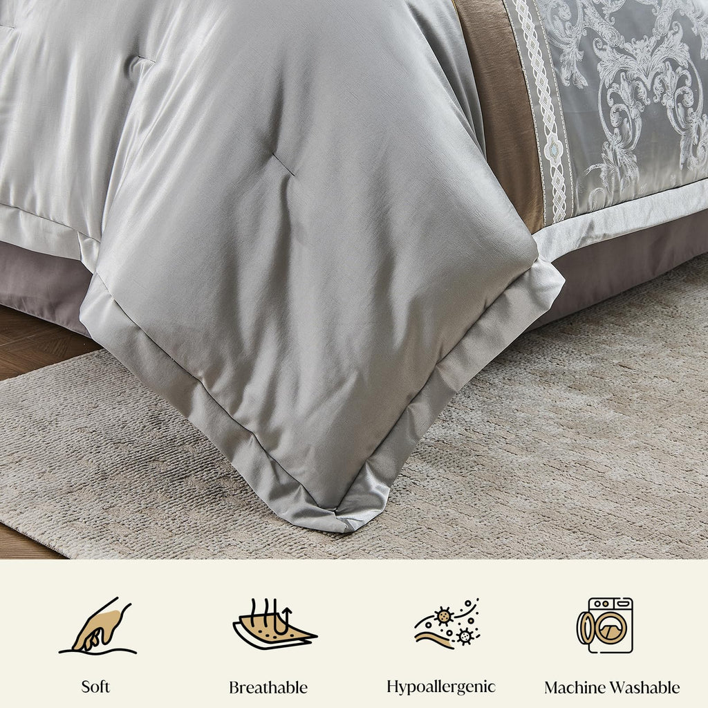 Silver Gray Comforter Set, 7PC Jacquard Bed in a Bag