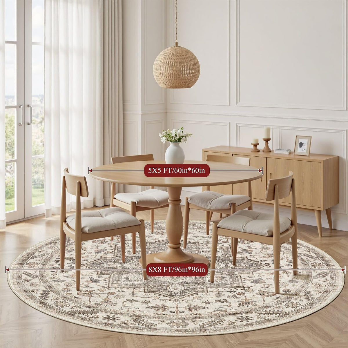 8ft Round Living Room Area Rug, Washable, Traditional, Light Brown