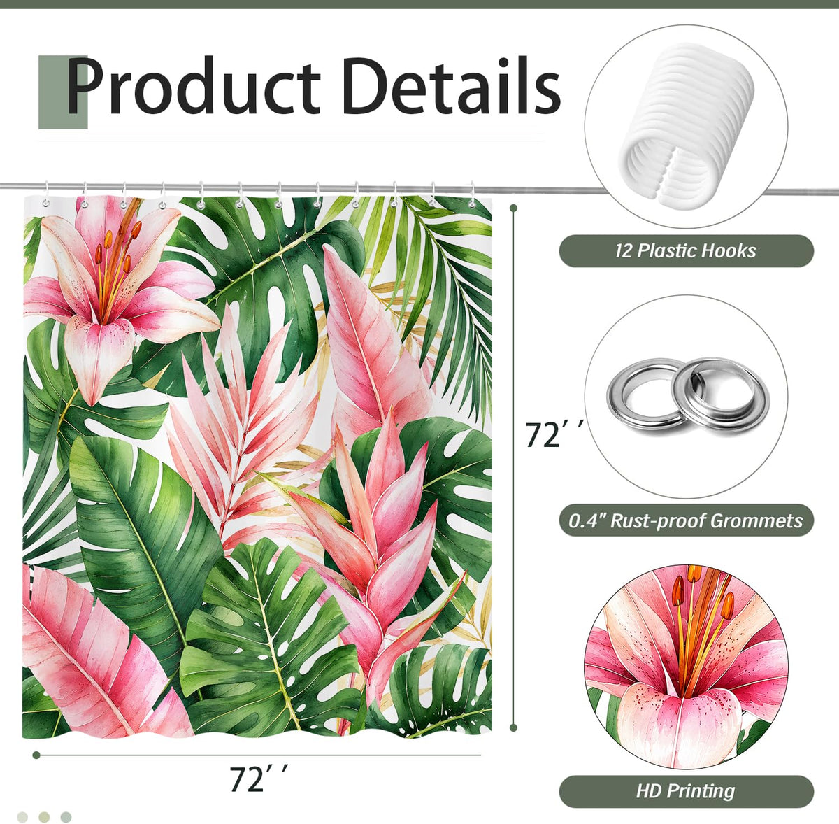 Pink and Green Tropical Shower Curtain, Botanical Palm Leaf Floral Boho Shower Curtains Set, Monstera Jungle Plant