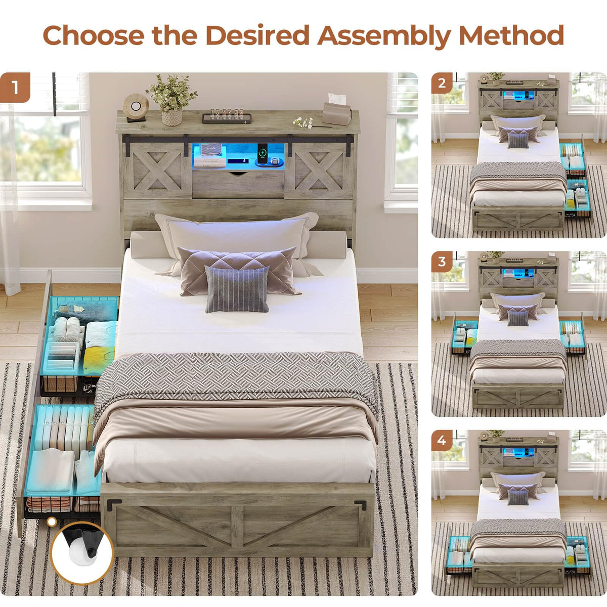 Farmhouse Bed Frame with 2 Storage Drawers, Wooden Platform Bed with LED Lights and Charging Station
