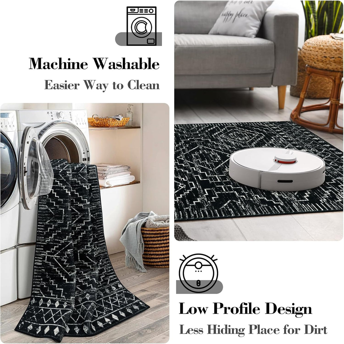 Moroccan Washable Rug, Black Boho Living Room Area Rug, Non-Slip Farmhouse Bedroom Carpet Dorm Room Throw Rug