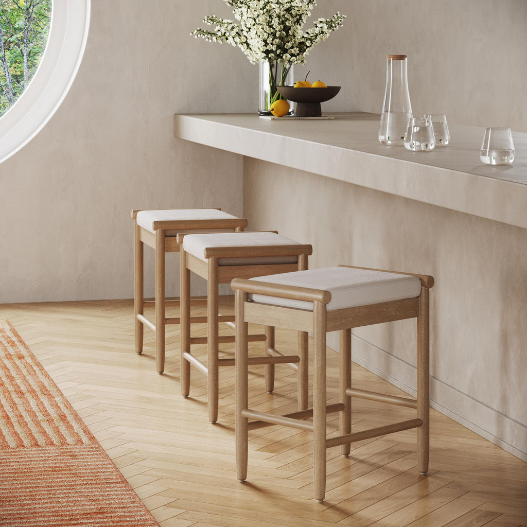 Kirsten Scandinavian Backless Wooden Bar Stool, Boucle Bar Stool with Tapered Solid Wood Legs, Boucle/Light Brown Set