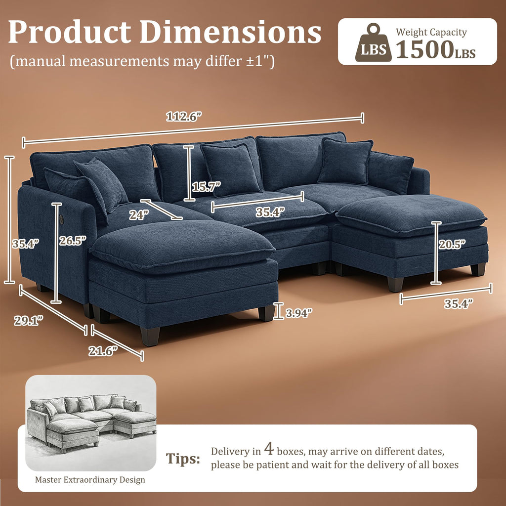 112" Modular Sectional Sofa with USB Charging Port, Water-Repellent Stain-Resistant Fabric, Deep Seat 5-Seat U Shaped
