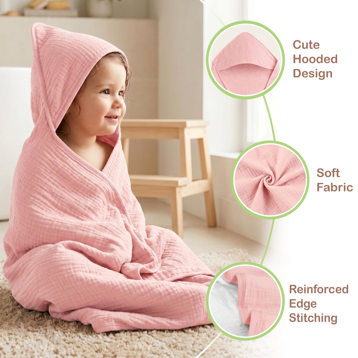 TEX 100% Organic Cotton 2 PK Muslin Baby Hooded Towels Newborn 32x32in