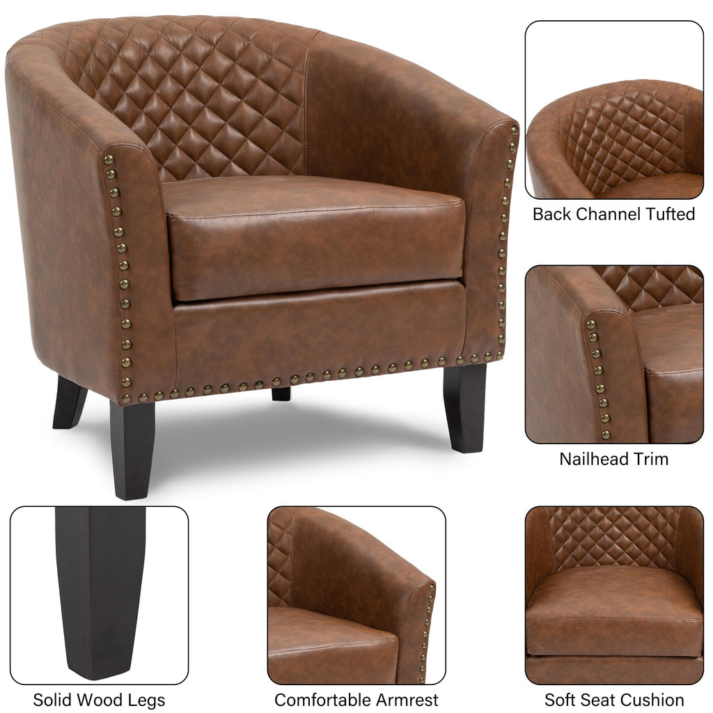 Set of 4 Faux Leather Barrel Accent Chair, Nailhead Trim & Solid Wood Legs, Brown