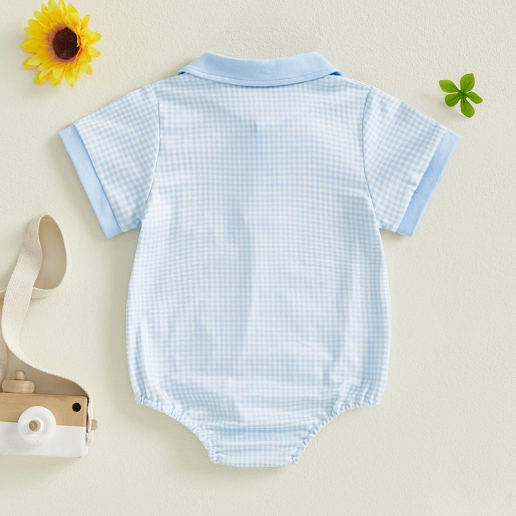 Newborn Baby Boy Summer Clothes Short Sleeve Lapel Button Romper Up Loose Fit Plaid Jumpsuit Bodysuit Boy Outfit