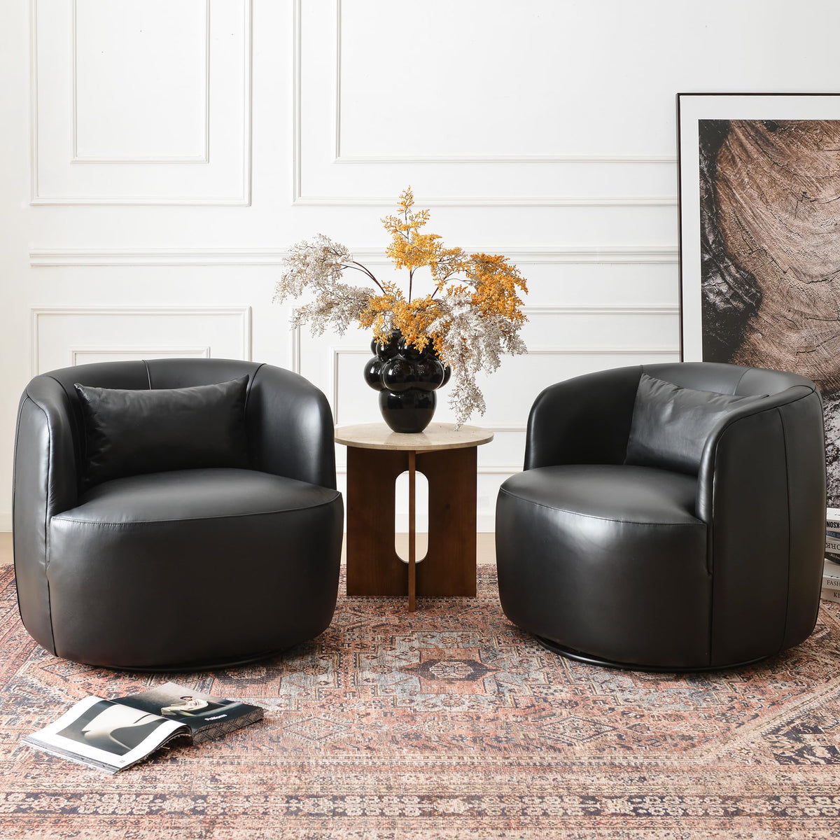 Set of 2 Genuine Leather Upholstered Swivel Barrel Chair, Black