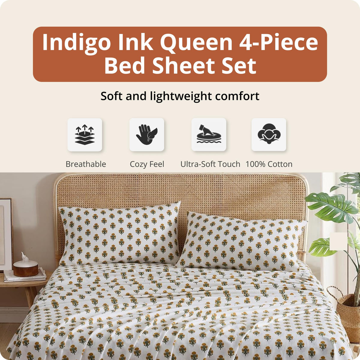 Golden Bloom Flannel 4-Piece Bedding Set, White & Gold