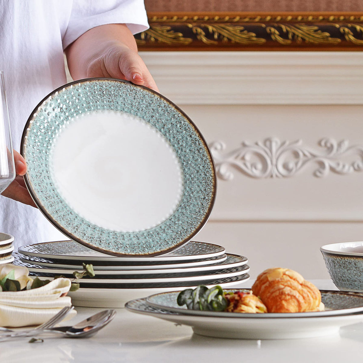 Melamine Dinnerware Sets,12pcs Plates and Bowls Sets, Unbreakable and Lightweight Summer Outdoor Dishes ,Yachts and