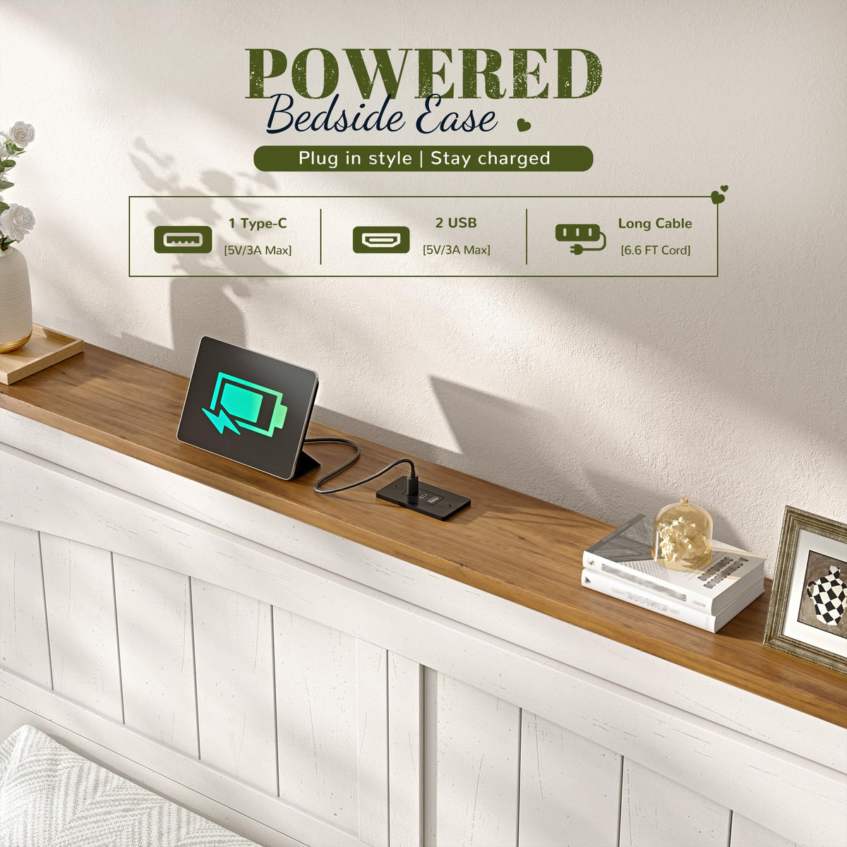 Farmhouse Bed Frame with 50.4" Tall Headboard, Antique White