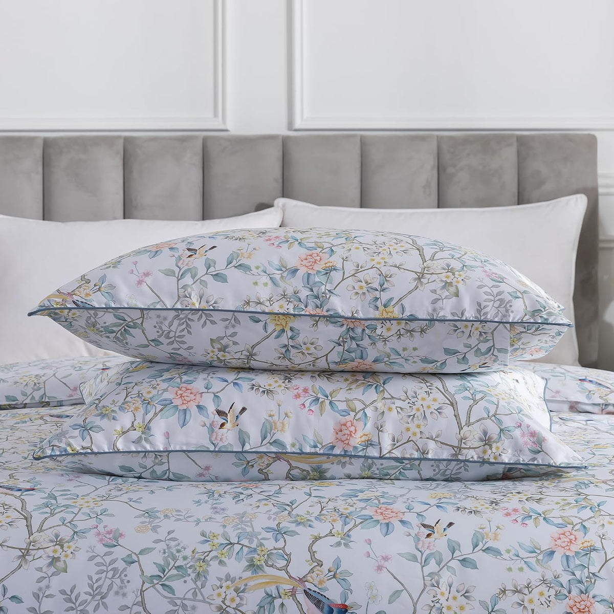 Vintage Botanical Rose Floral Bedding Set 3Pcs Duvet Cover Set 100% Long Staple Cotton Soft Bird Branch Print