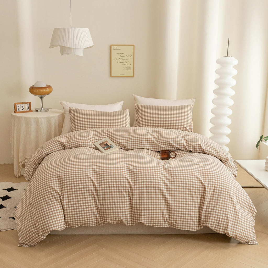 Cotton 3 Pcs Duvet Cover Set Linen Feel Beige Gingham King
