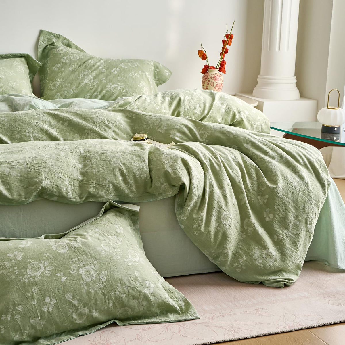 100% Washed Cotton Cover Set, Reversible Vintage Green Floral Butterfly Jacquard Textured Comforter Cover, Boho