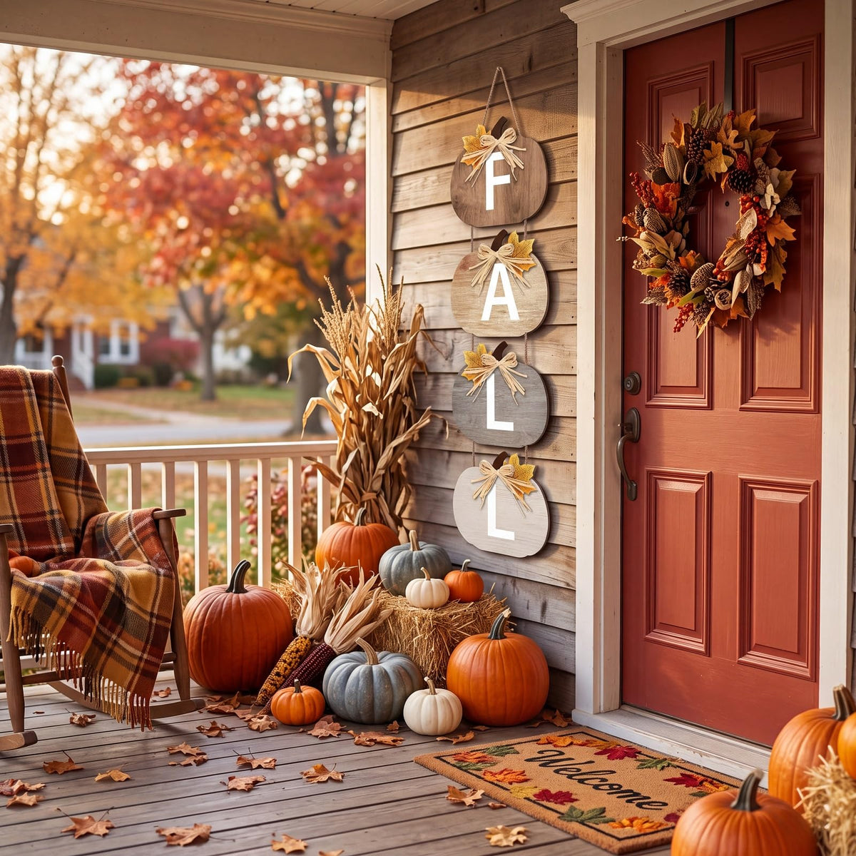 Fall Porch Sign Wooden Hanging Farmhouse, Classic Color, Pumpkin