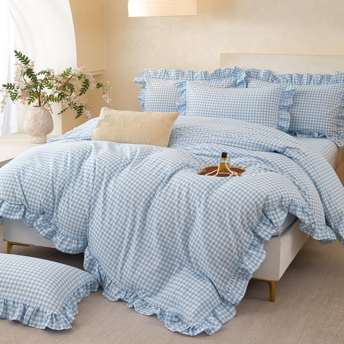 Gingham Ruffle Duvet Cover, Blue Bedding, Farmhouse French Country Style for Bed Decor, 3PCS - Duvet Cover
