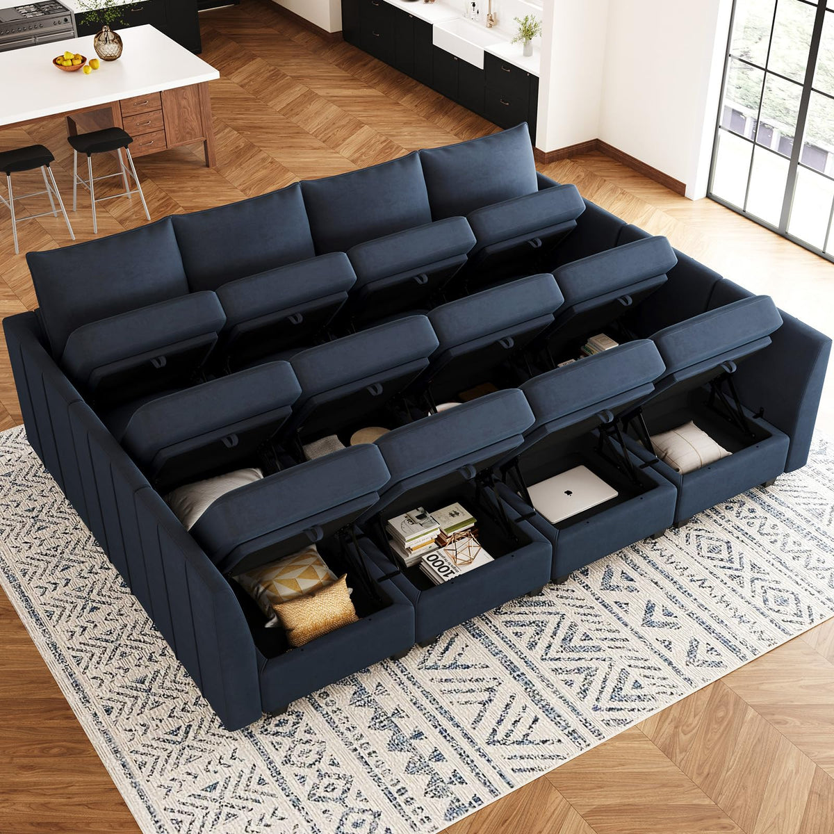 Oversized Modular Sectional Couch Sleeper Sofa with Storage Velvet Sectional Sofa Bed, 12 Seats, Blue